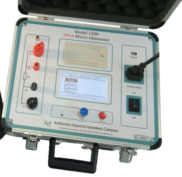 Amblyonix Model 1200 - 200A micro-ohmmeter for resistance measurements on circuit breakers, switchgear, bus connections